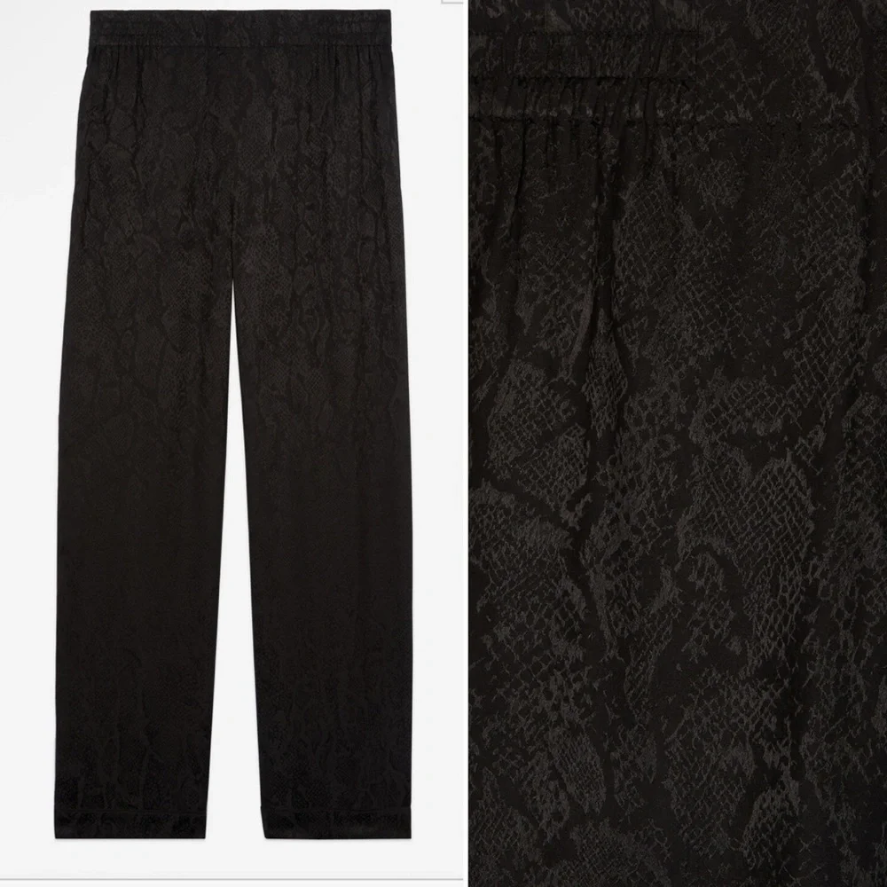 NWT The Kooples Jacquard Satin Snakeskin Black Drawstring Elastic Waist Pants
